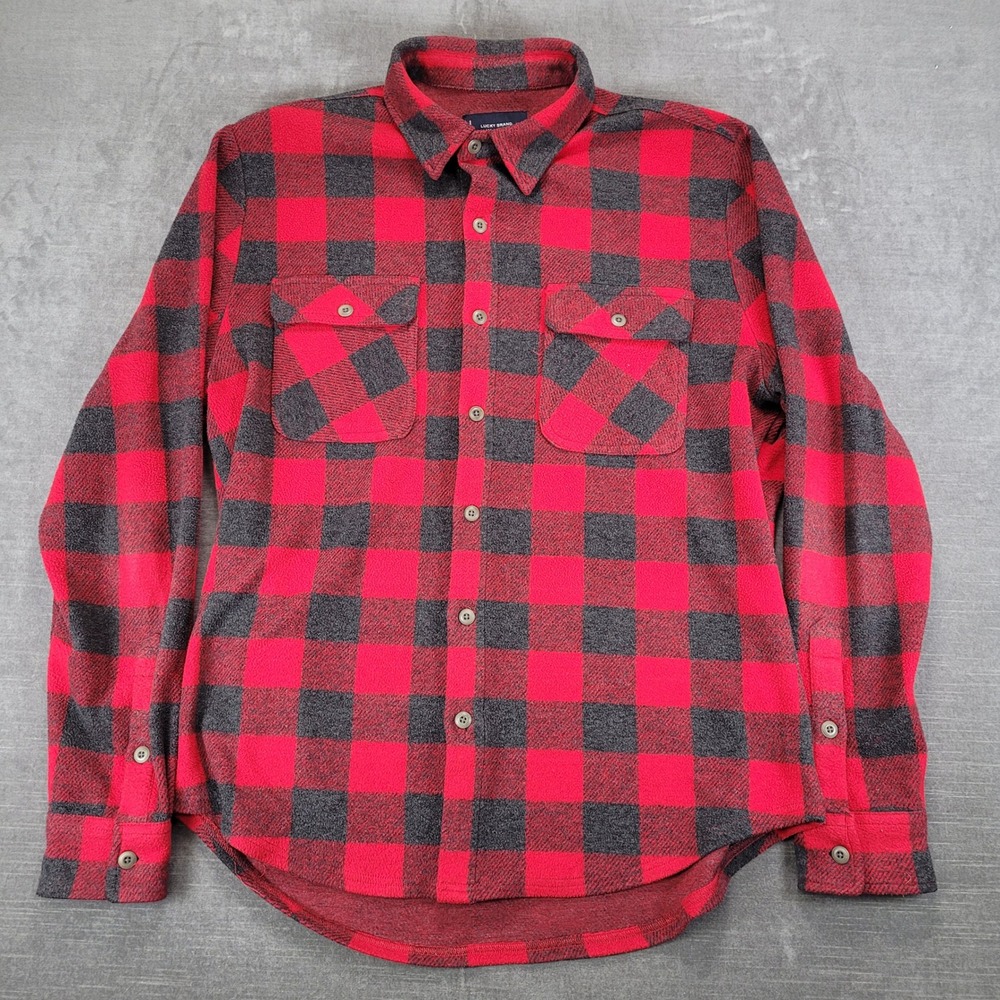 Lucky Brand Mens Large Red Black Buffalo‎ Plaid Flannel Button Down Shirt L